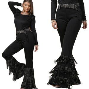 NYLON APPAREL Silver Sparkle Studded Fringe High Waist Western Cha Cha Pants NWT